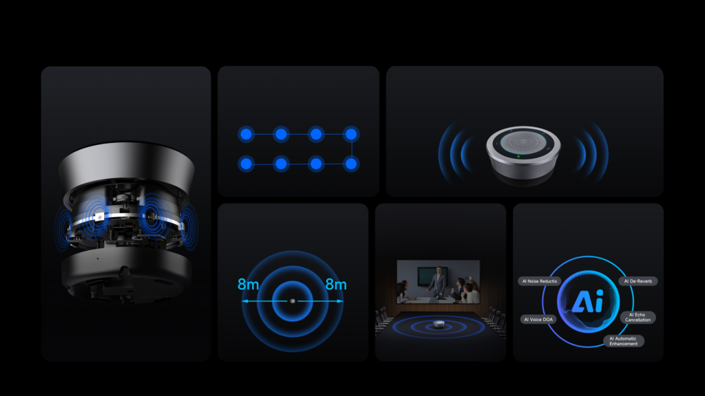 8-array mic -8 microphones cascaded-16m pickup distance-Hi-Fi High-fidelity speakers-Meeting control-5 AI Algorithms